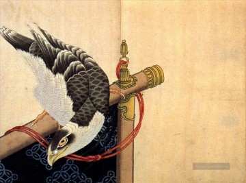 Falke auf einem zeremoniellen Stand Katsushika Hokusai Ukiyoe Ölgemälde